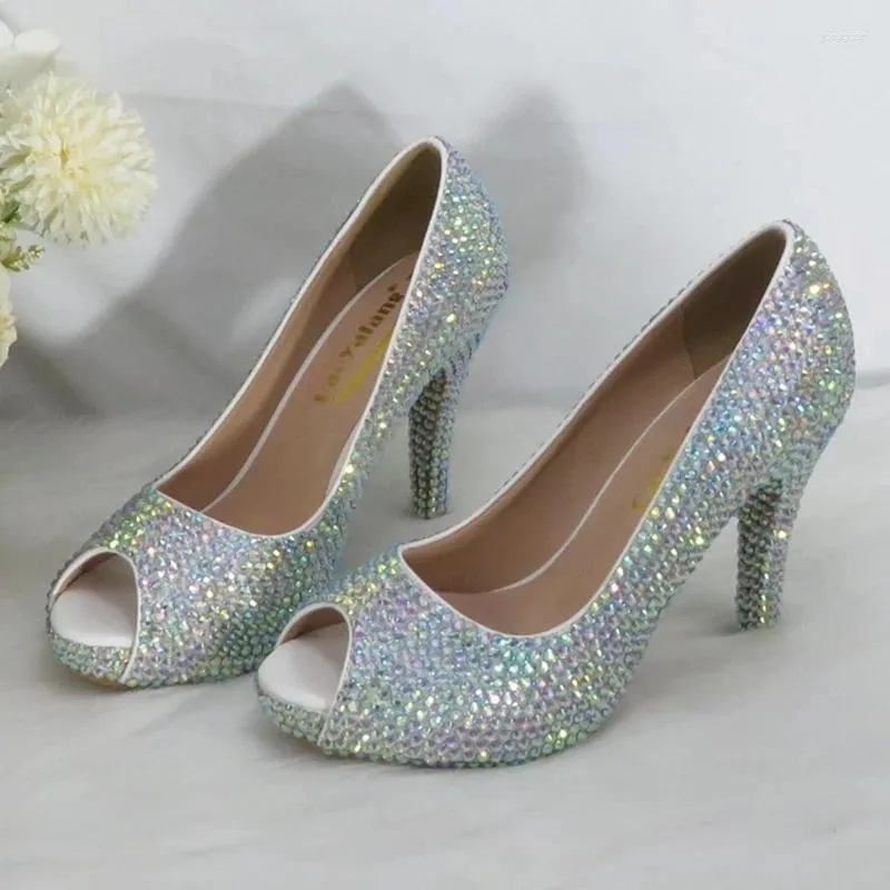 Dress Shoes Arrivals Women AB Bling Rhineston Pumps Open Toe Bridal Crystal Wedding Thin Heels Party Peep 11cm/8