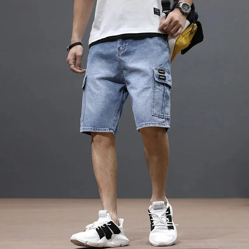 Summer Mens Fashion Pocket Baggy Jeans Shorts Loose Straight Capris Jeans For Men Streetwear Cargo Short Pants 240412