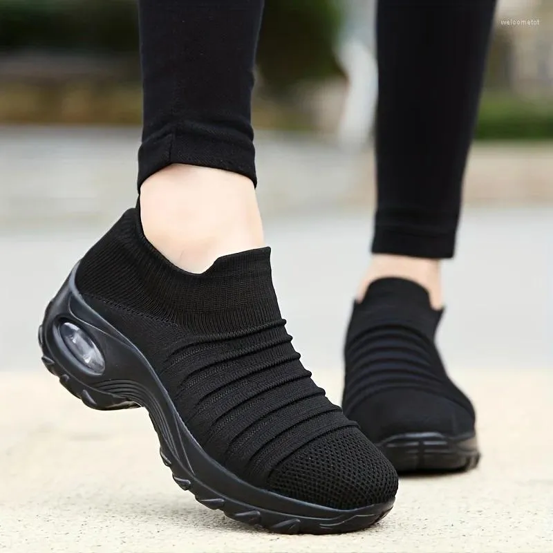 Klänningskor Walking Sock Casual Ladies Fashion Air Cushion Platform Black Sneakers Women Sport Slip On Bekväm sko
