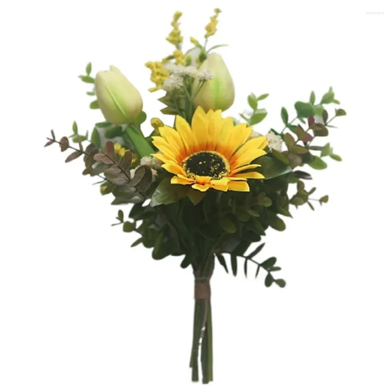 장식용 꽃 튤립 손으로 묶인 가짜 꽃다발 시뮬레이션 해바라기 멀티 컬러 홈 장식 철 와이어 플라스틱 목가적 휴일 꽃다발