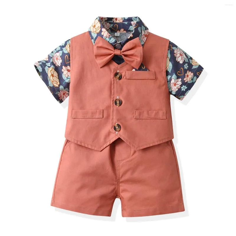 Roupas conjuntos de roupas para meninos roupas de meninos estampas florais manga curta tshirt tops coat brechas infantil infantil roupas de cavalheiro 1 2 3 4 anos
