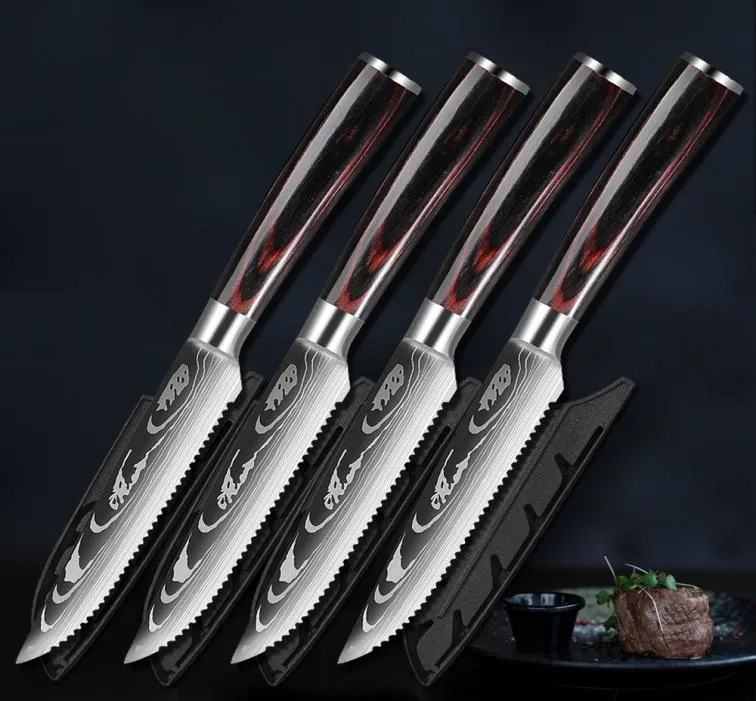 Serrerade stekknivar Damascus mönster 7CR17 Rostfritt stål fruktbiff cleaver middagsbestick bordkniv trähandtag diskmashe4142506