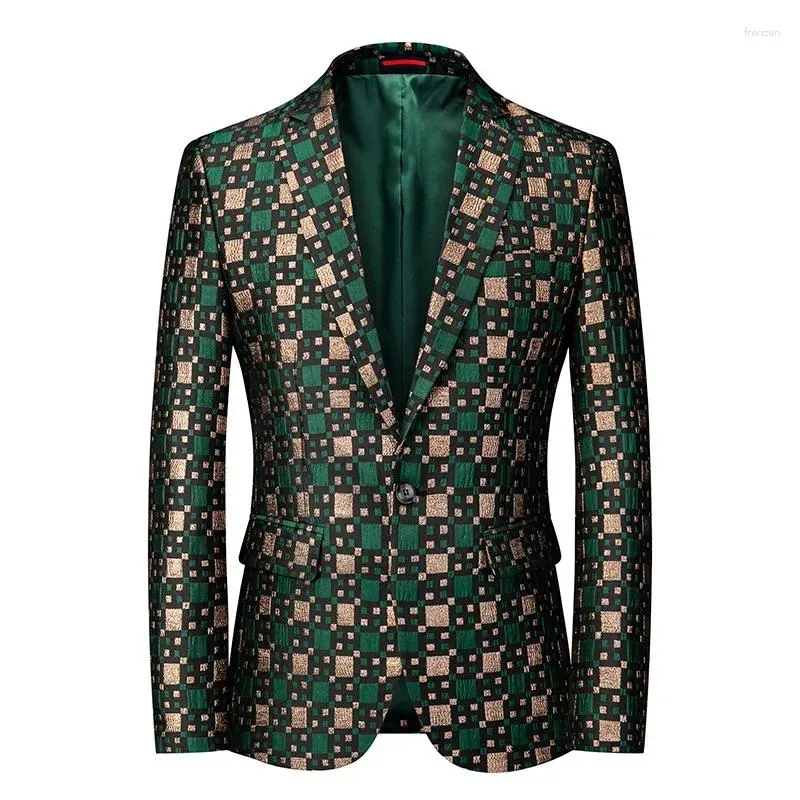 Men's Suits Autumn Slim Fit Blazer Men Lattice Stage Casual Suit Coats Silver Burgundy Green Groom Wedding S-6XL