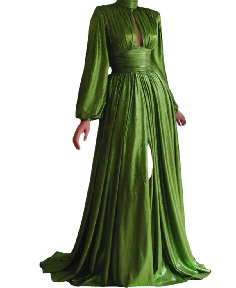 Casual Dresses Women Sexy Shiny Olive Green Boho Dress Spring Autumn Long Sleeve Evening Party Elegant Maxi Slit Big Swing Formal 5638370
