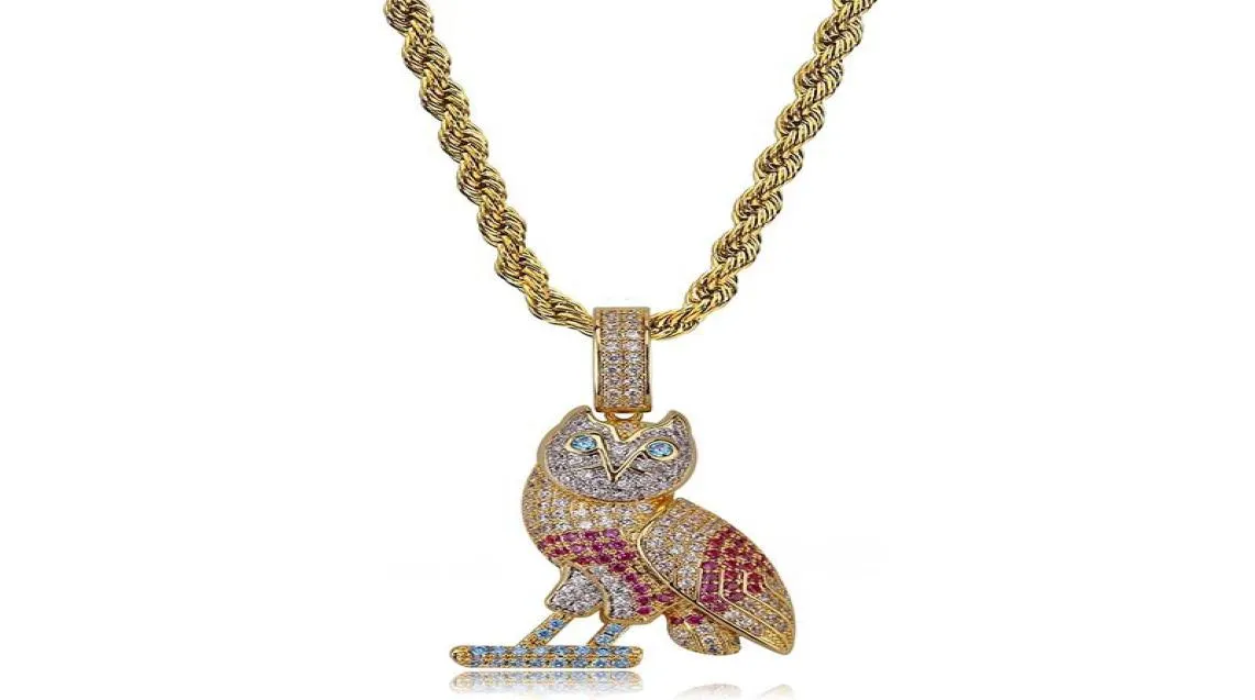 Collier pendentif hibou de la mode pavée entièrement zircone en pierre colorée Charmes animaux hiphop bijoux pour hommes cuivre2403791