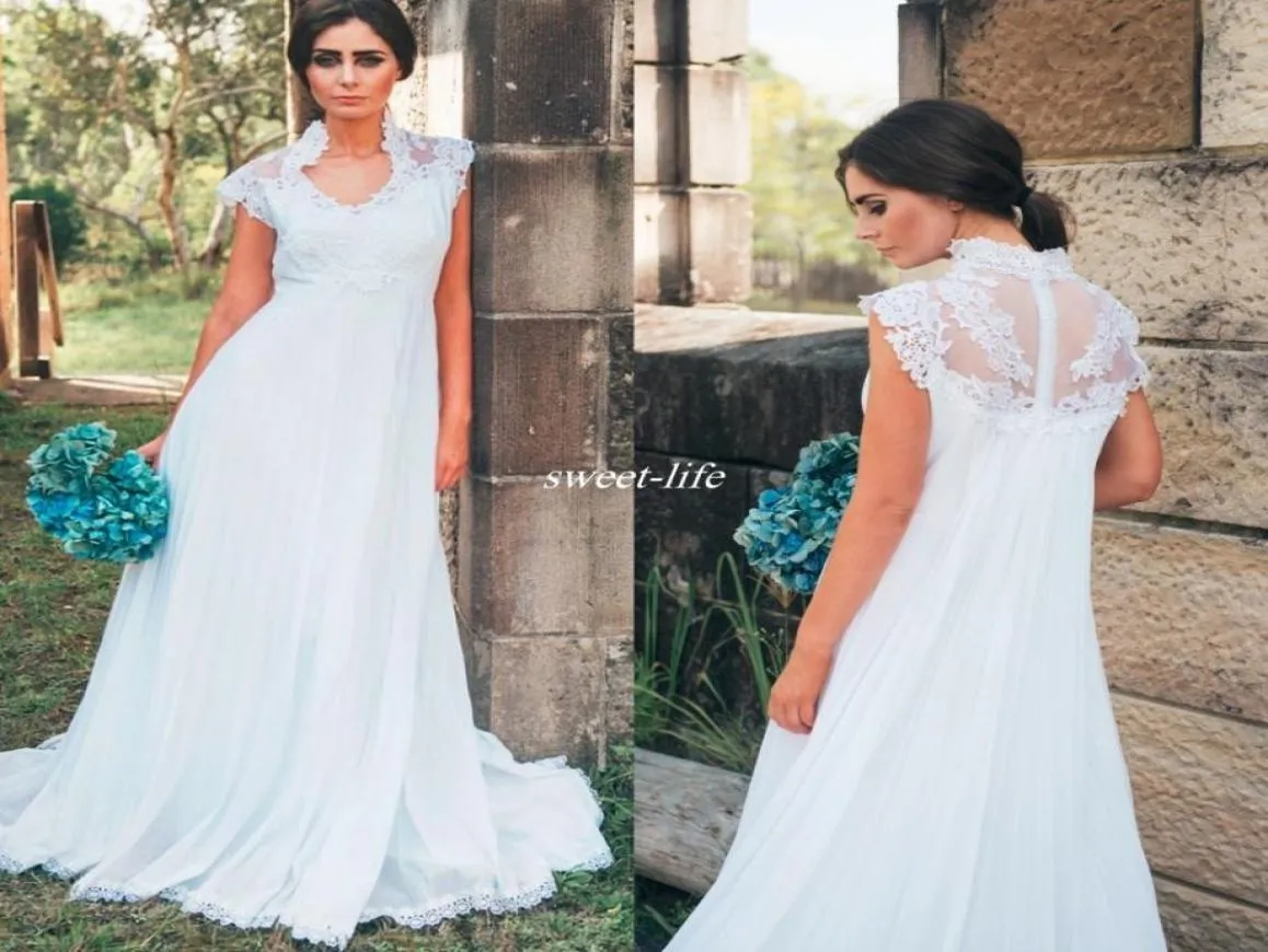 Abiti da sposa di maternità di campagna Empire Appliques in pizzo Lunghezza pavimento in chiffon 2019 abiti da sposa in gravidanza all'aperto a buon mercato aline9612470