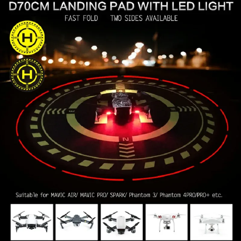 Tillbehör 1 st med LED -belysning vikbar helipadlandningsfält D70cm pad för DJI PFV/Mavic Air 2/mini/air/mavic 2 Pro/Spark/Phantom v2.0