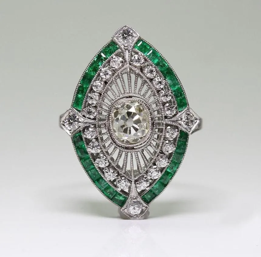 Antique Art Deco 925 Sterling Silver Emerald White Sapphire Floral Engagement Party Ring Dimensione Anniversario Giornata US 5 124933643