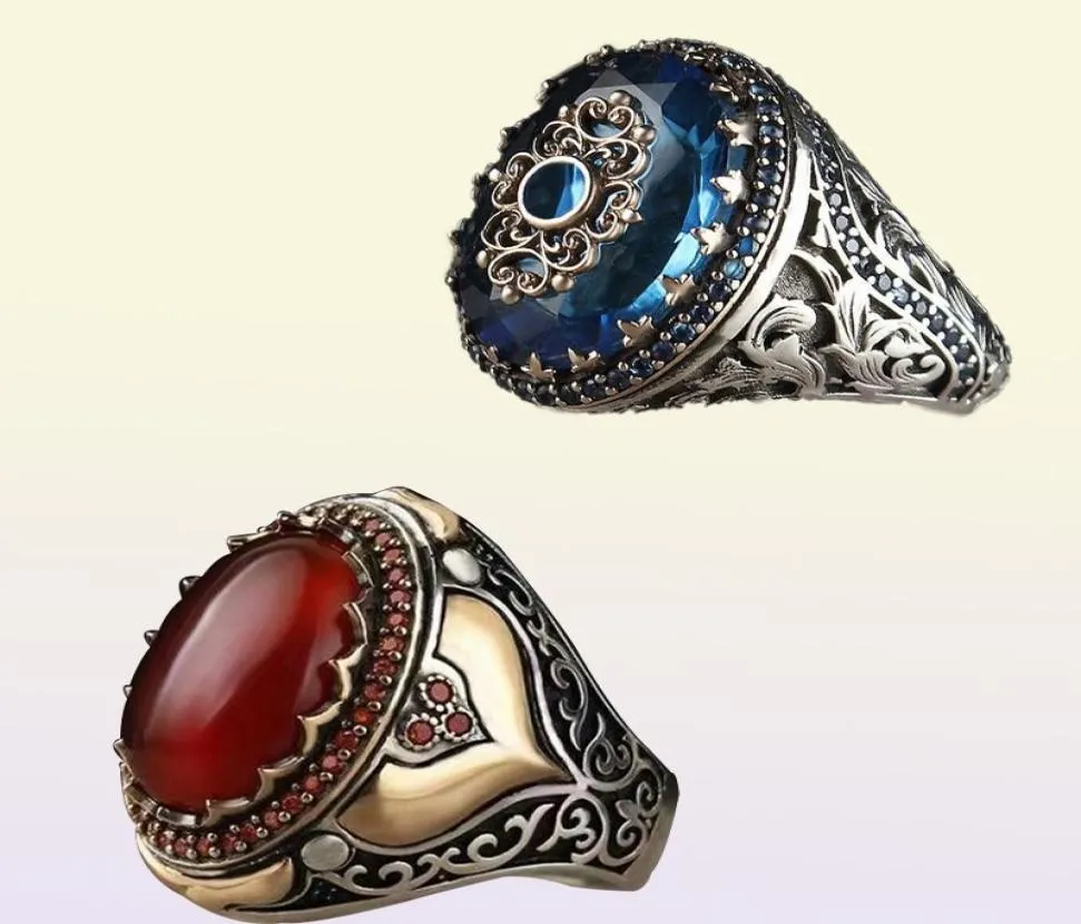 Pierścionki ślubne vintage ręcznie robione rzeźbione tureckie sygnet dla mężczyzn Inkrustowany Czerwony Czarny Kamień Kamień Trendy Islamski religijny muzułmański biżuteria 6559439