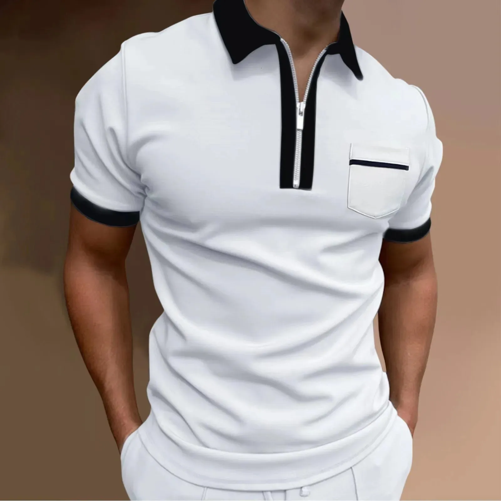 Summer Mens Color Color Polo Shirt Short à manches courtes à manches à manches à glissière Tshirts pour hommes Streetwear décontracté.