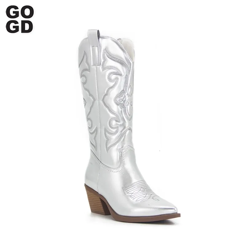 GOGD Cowboy Pink Cowgirl Boots For Women Fashion Zip Embroidered Pointed Toe Chunky Heel Mid Calf Western Boots Shinny Shoes 240411