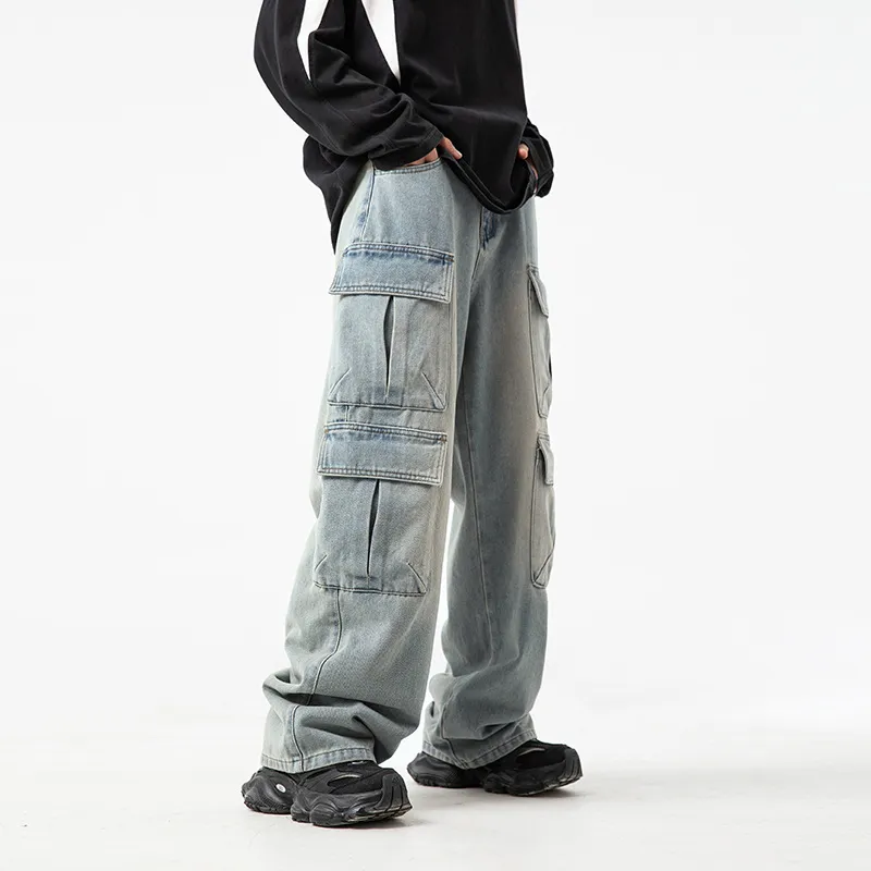 Denim Men's Cargo Pants: Multi-Pocket Design, Baggy Fit, Loose, Trendy  Jeans for Spring/Summer Washed and Worn Out Denim Trousers Bottoms