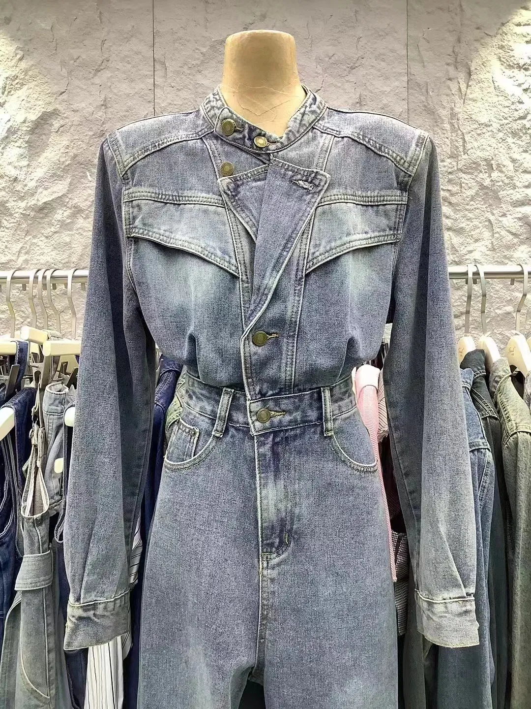 F088 kvinnors jumpsuits rompers mode y2k denim jumpsuit kvinnor vintage långärmad lappfickor blå rak jumpsuit lapel krage ol kläder