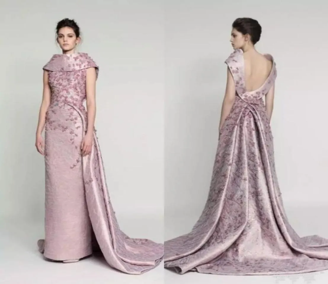 Azzi OSTA Vintage Pink 3D Floral Overskirt Long Prom Dresss 2018 Dubai Arabic Sweep Train Flower Made ASHI Red Carpet Eveni5005444