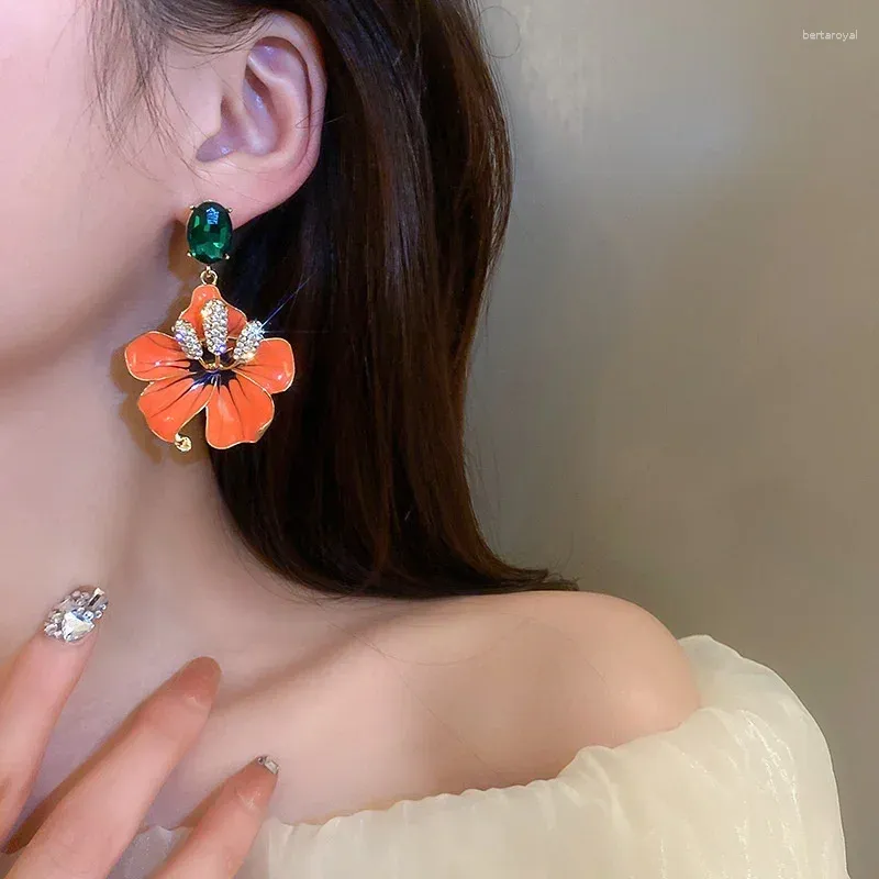 Dangle Earrings FYUAN Korean Style Orange Enamel Flowers Drop For Women Girls Green Crystal Party Jewelry