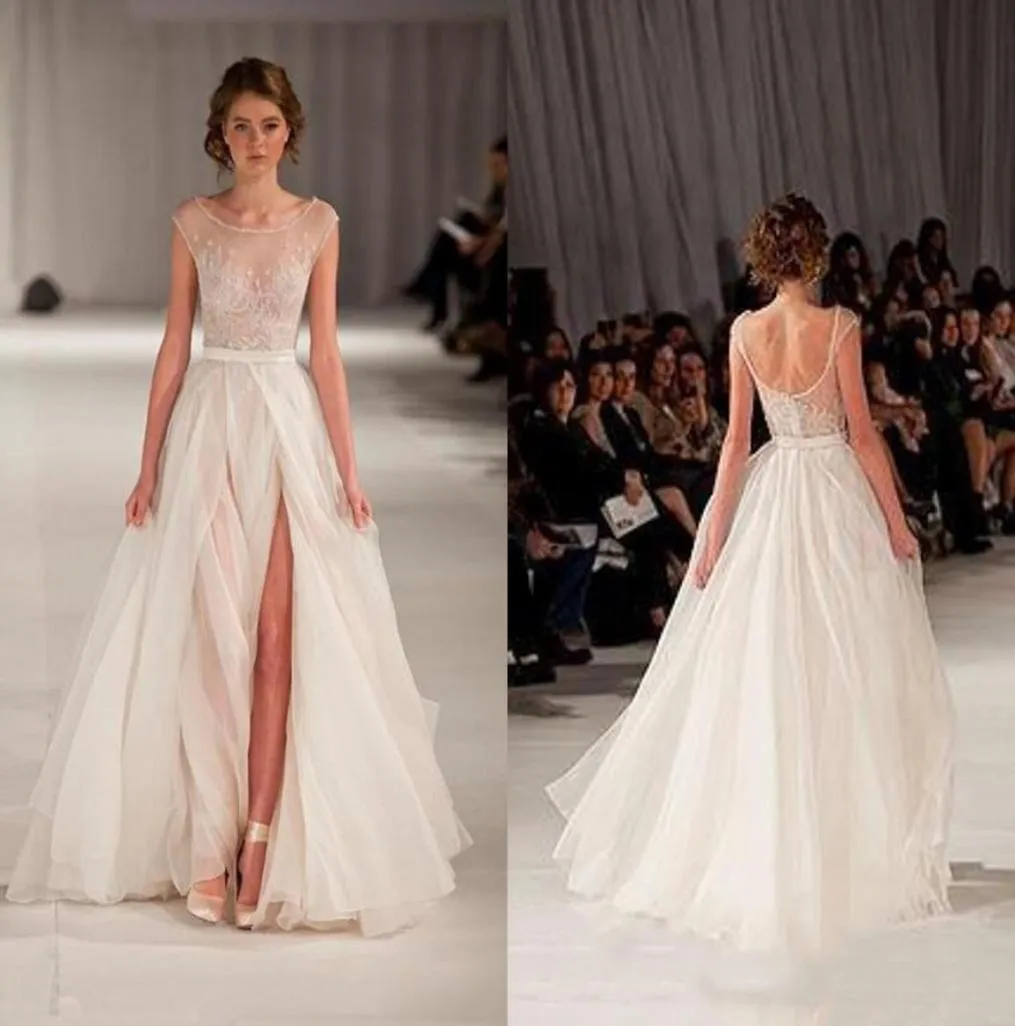 Vestido de noite de elie saab pura para trás, vestidos de noite de manga de tampa de bordado de bordado de tule longo vestidos de baile com slit1783068