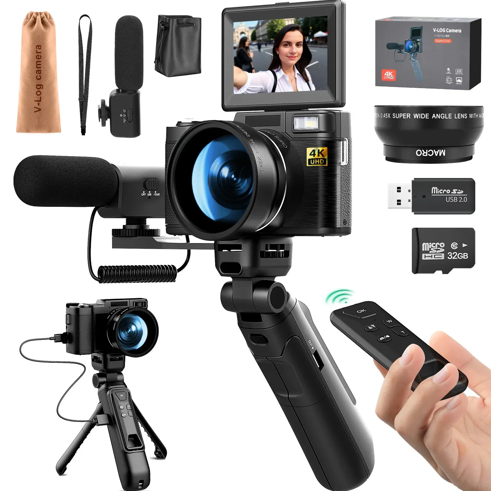 Cameras numériques Ganica 4K pour POGRAMENTS 48MP VIDEO VIDEO CAME Vlogger Kitmicrophone Remote Control Trépied Grip 240407