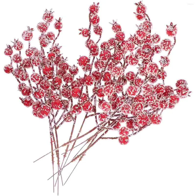 Flores decorativas do ramo branco Decoração de árvore de natal frutas vermelhas folhas verdes flor