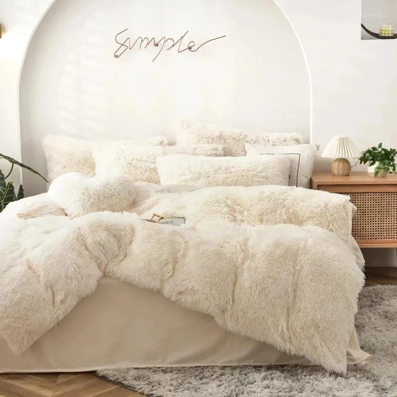 Beddengoed sets luxueuze winter set lange pluche pure kleurimitatie nertsen fluweel dekbedoverdeksel zacht dik warm flanel