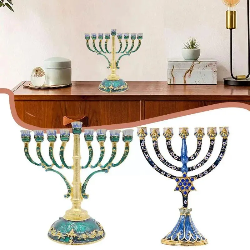 Partes de velas HD 9 Branch Magen David Menorah Colección de soporte pintado a mano para Hanukkah Shabat Ceremonia de Navidad Decoración del hogar G Q2O3