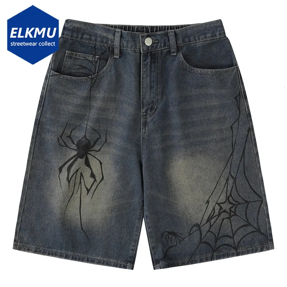 Y2k blå denim shorts spindel spindelnät tryckt sommar lös casual jeans shorts mode harajuku hip hop streetwear shorts för män 240409