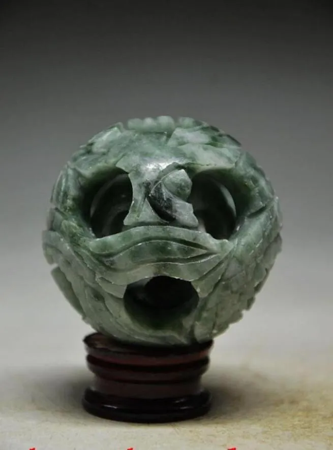SPLENDIFEROUS JADE HANDCARVED 3 LAYERS PUZZLE BALL WITH BASE gtgtgt 3821921