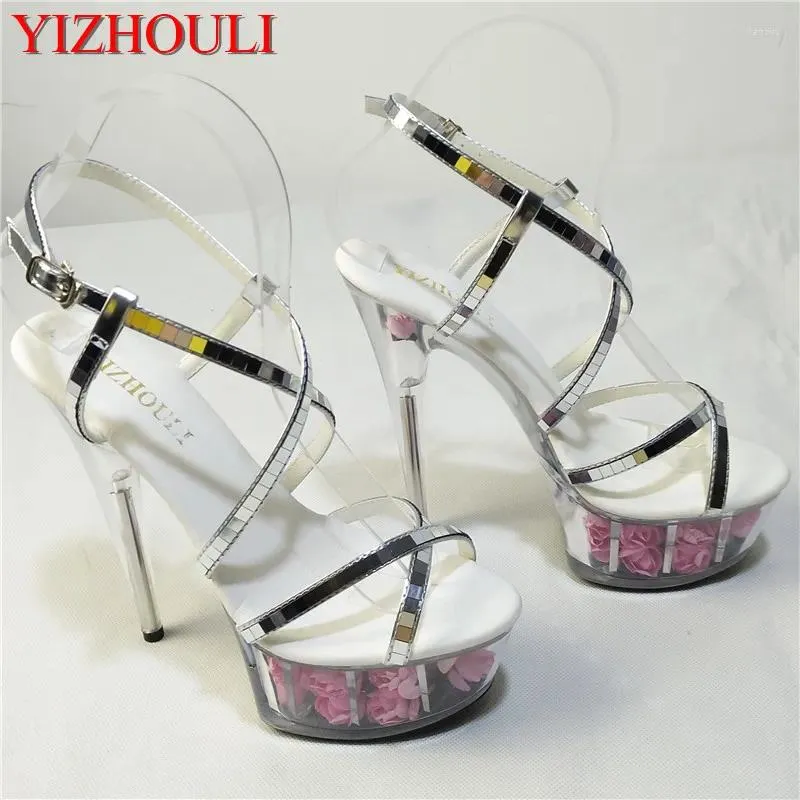 Chaussures de danse Sexy Rose Crystal Bride Wedding 15 cm Sandales féminines à talons hauts de 6 pouces Fleur