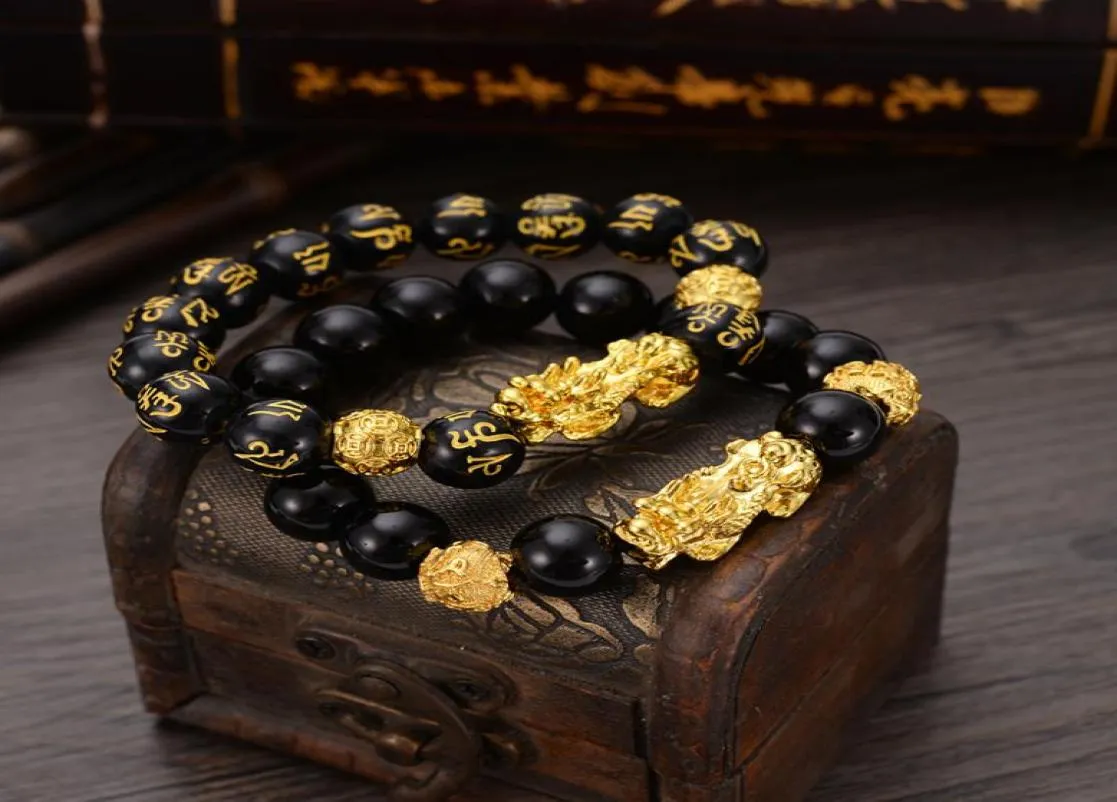 Bangle feng shui obsidian sten pärlor armband män kvinnor unisex armband guld svart pixiu rikedom och lycka kvinnor armband 19573060