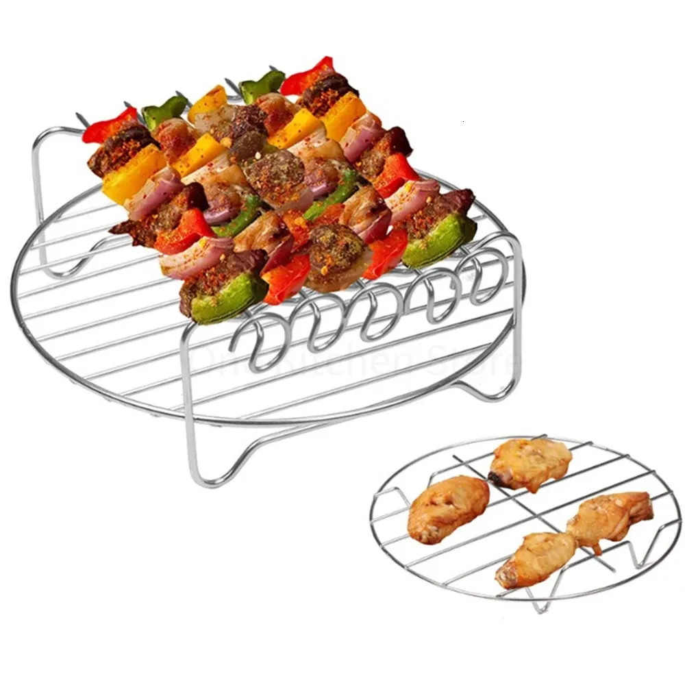 2pcs Air Fryer Edelstahl Dampfständer Doppelschicht -Rack mit Spieß BBQ Gril Backkocher Küche Flugfryer Zubehör 240329