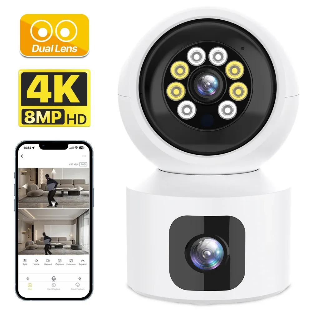 Lens 8mp çift lens wifi ip kamera kapalı 4K HD çift ekran ev bebek monitörü AI İnsan Algılama Mini PTZ Kamera Güvenlik Gözetim