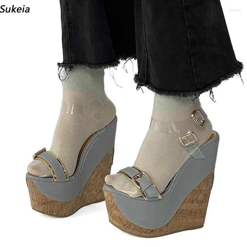 Sandals Sukeia Handmade Women Platform Wedges High Heels Round Toe Elegant Grey Party Shoes Ladies US Plus Size 5-15