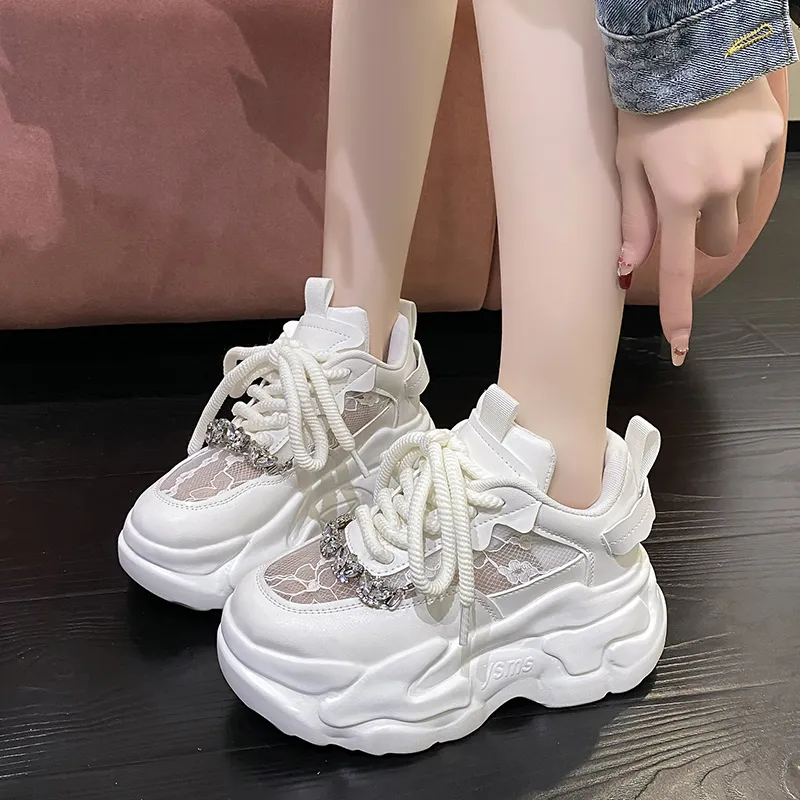 Breathable Lace Platform white sneakers with Rhinestone Breathable Lace Platform white sneakers with Rhinestone