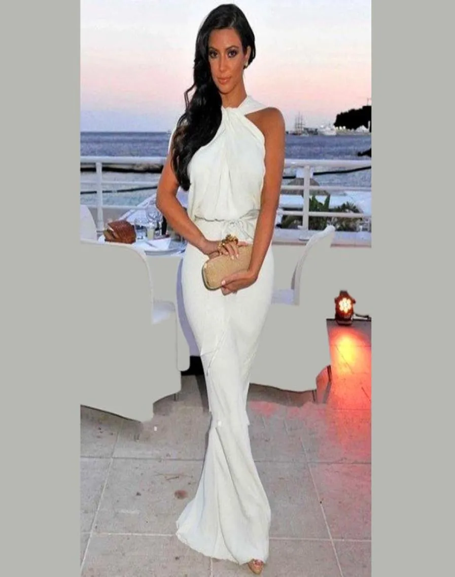 Kim Kardashian Red Carpet Dress 2016 Sheath Halter Floor Length White Chiffon Long Famous Imitation Celebrity Evening Dre2470147