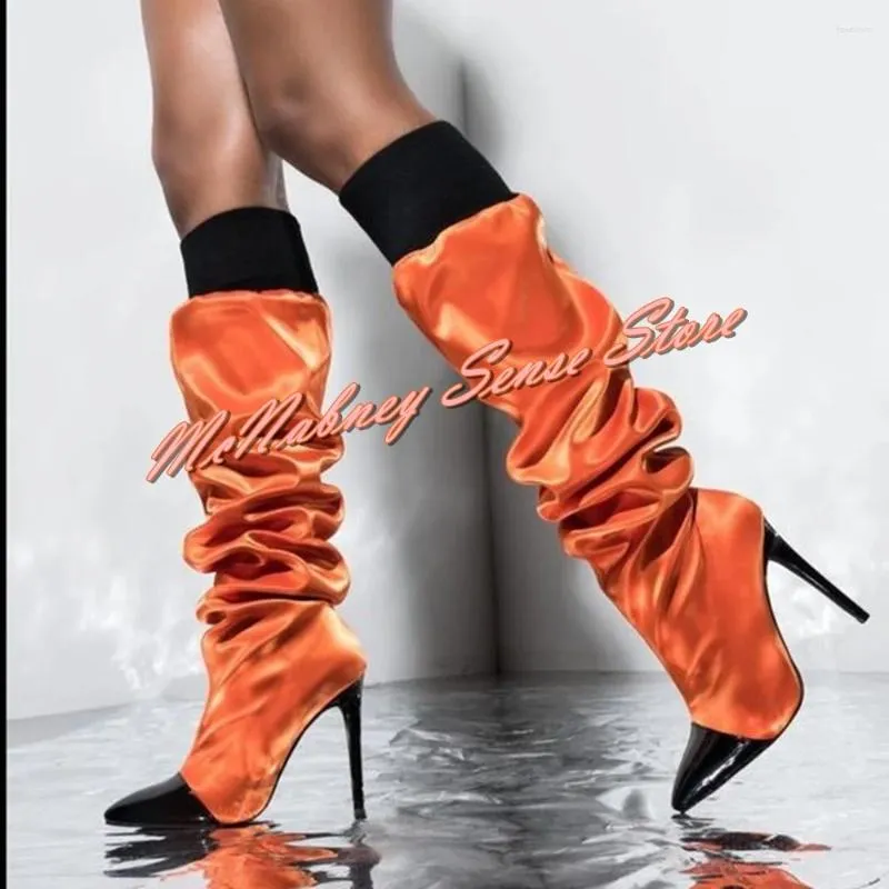 Stövlar elastiska band veckade spetsiga tå stilett klackar kvinnor sexiga skor lapptäcke slip på stil höstfest knä hög