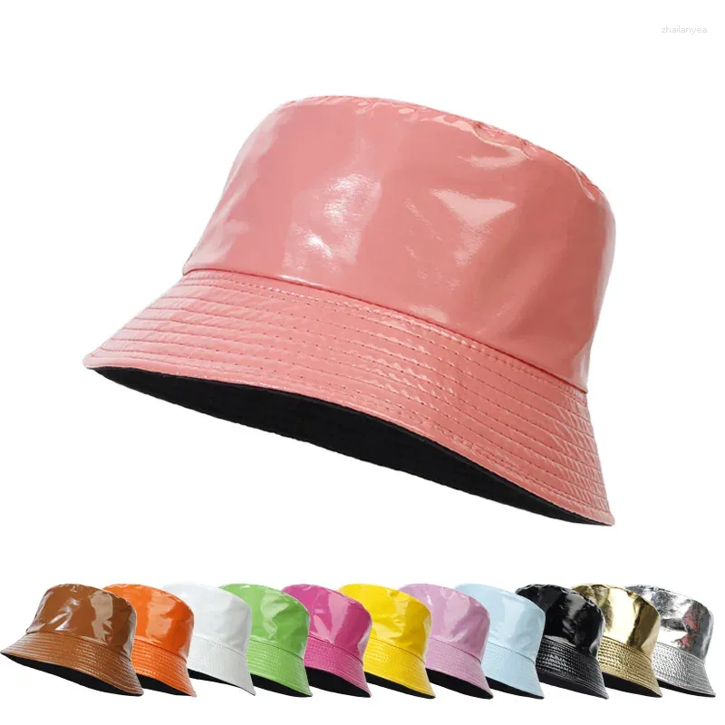 Bérets Panama Bucket Hats Pu Colorful Fisherman Double côtés réversibles imperméables pliables printemps d'été