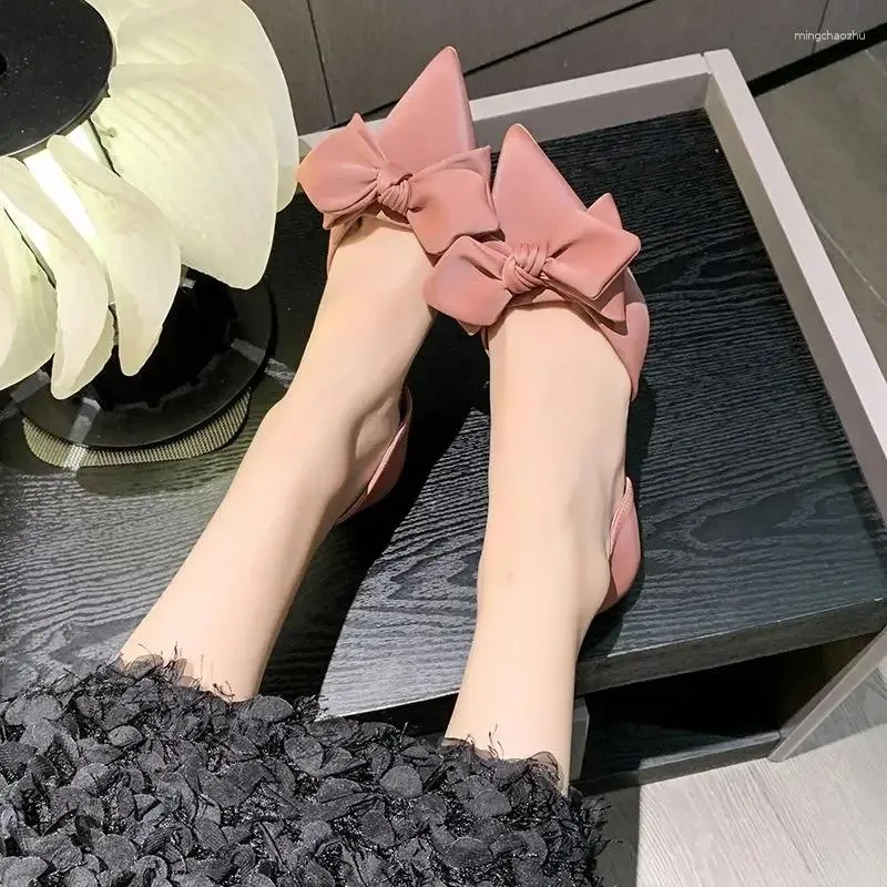Dress Shoes Bow Pink For Party And Weddings Ladies Sandals Women Footwear Thin Heels High Medium Pointed Toe Summer 2024 Korea Sale H
