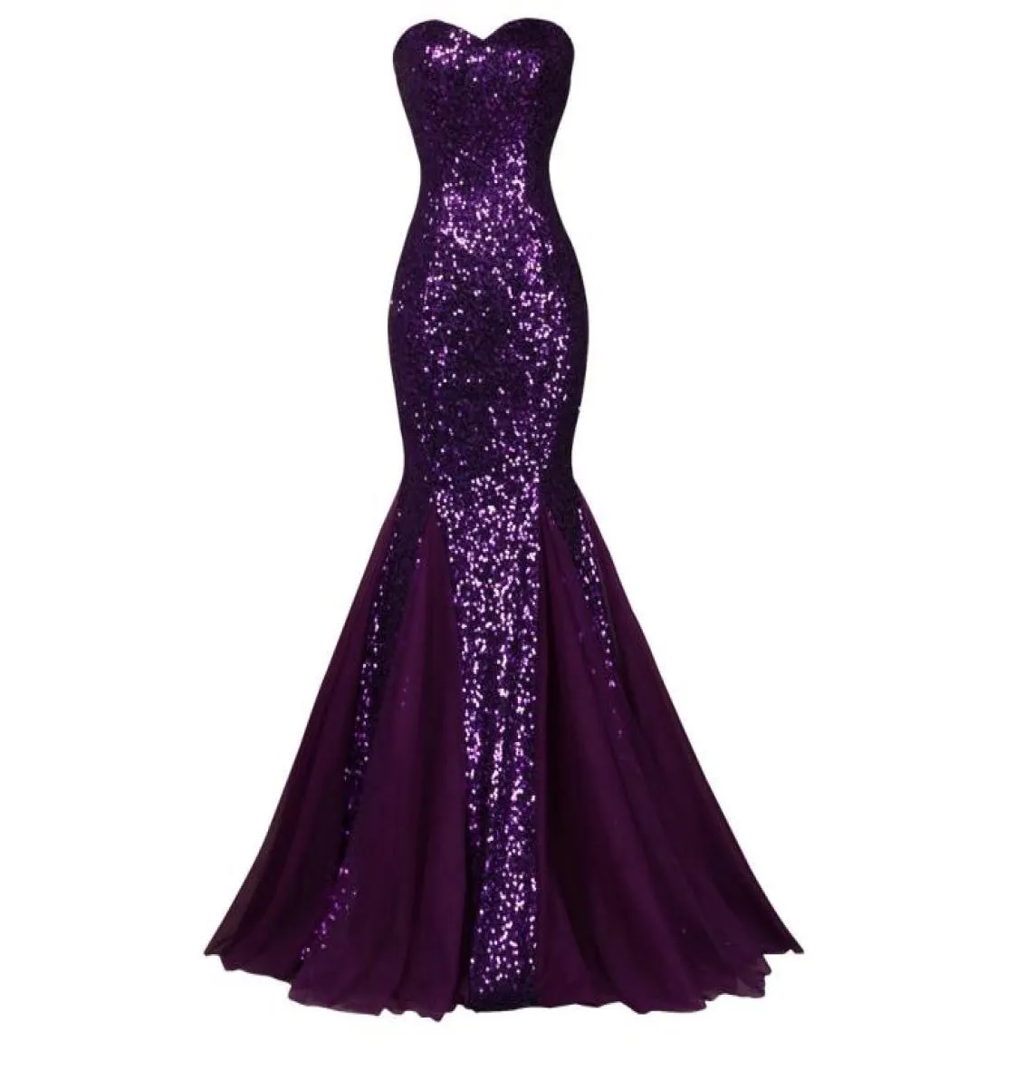 Vraie Sexy Sequins Purple Sirène Robes de bal Long sans bretelles Longueur du sol
