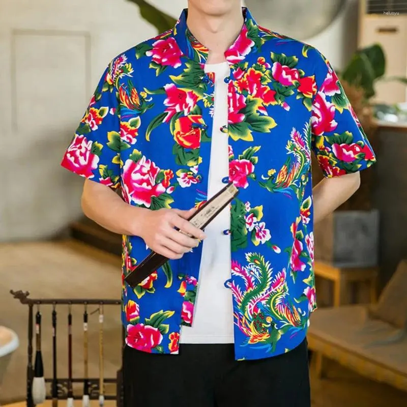 Мужские повседневные рубашки мужская винтажная рубашка в китайском стиле лето с северо -восточным цветочным стендом