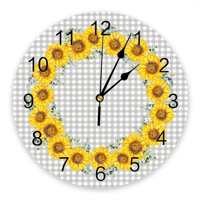 Wanduhren karierte Sonnenblumenuhr Große moderne Küche ess runde Schlafzimmer Stille Hanging Uhr