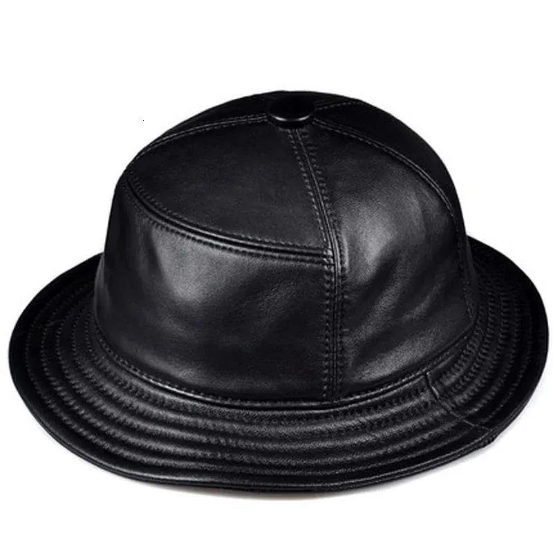 Korean Fashion ACC Unisex Genuine Leather Bucket Hats Men Women Casual Fishing Caps Male Fitted Black Basin Cap Sombrero Mujer 240409