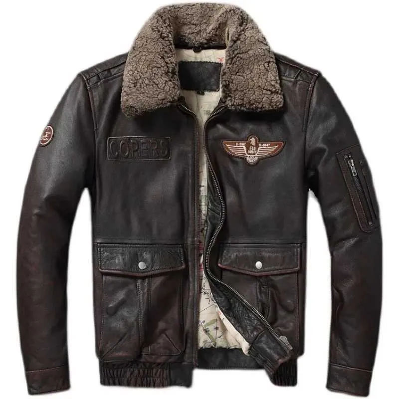 Mens Leather Fur Jacket Flight Jacket: Classic Aviator Bomber With