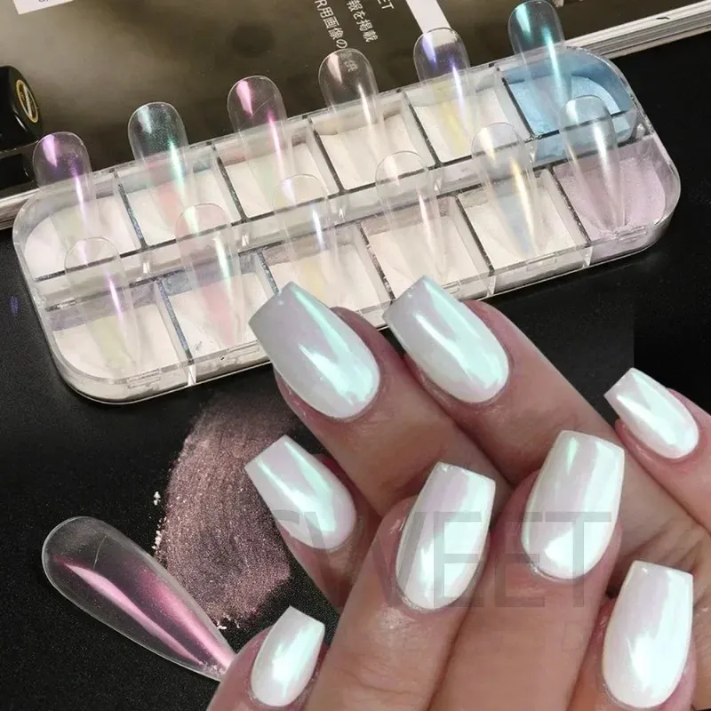 2024 Aurora Powder Nail Glitter Pigment Mirror White Iridescent Fairy Fine Chrome Reflective Rubbing On Dust Manicure Decor - for