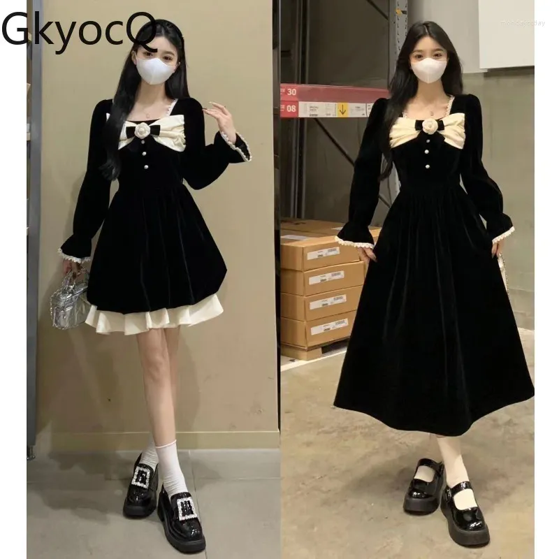 Casual Dresses GkyocQ French Elegant Women Dress M-4XL Niche Design Bow Flower Square Collar Long Sleeve High Waist Slim A Line