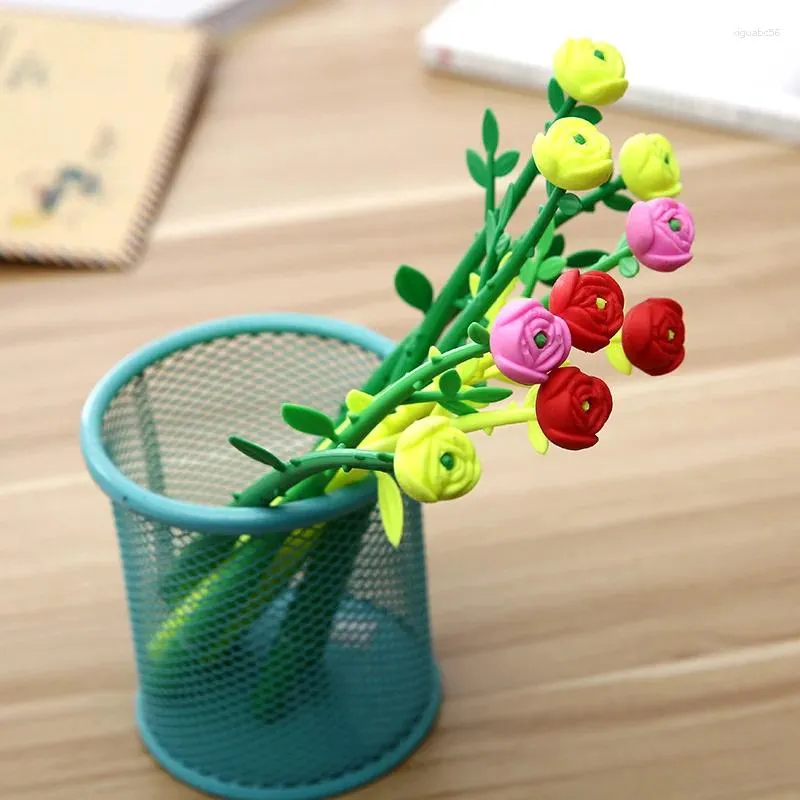 48pcs/lot Creative Novel Flower Rose Soft Silica Gel Pen 0.38mm Black Ink Water Promotion Gift