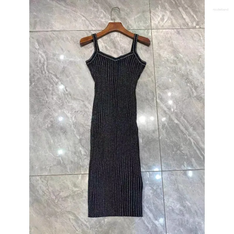 Casual Dresses Women's Fashion Knitted Strap Dress Tight Sexy V-neck Sleeveless Maxi Metal Wire Elegant Formal Evening