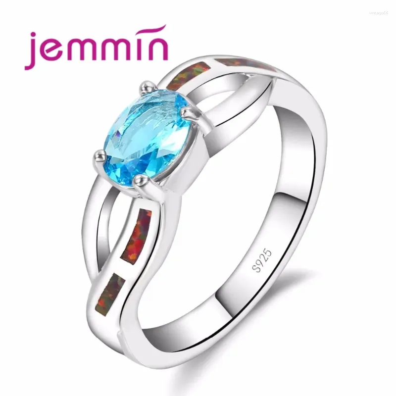 Cluster Rings Rainbow Fire Opal Ring For Girl's Engagement S925 Crossing Hollow Design Sterling Silver With Oval Blue Crystal