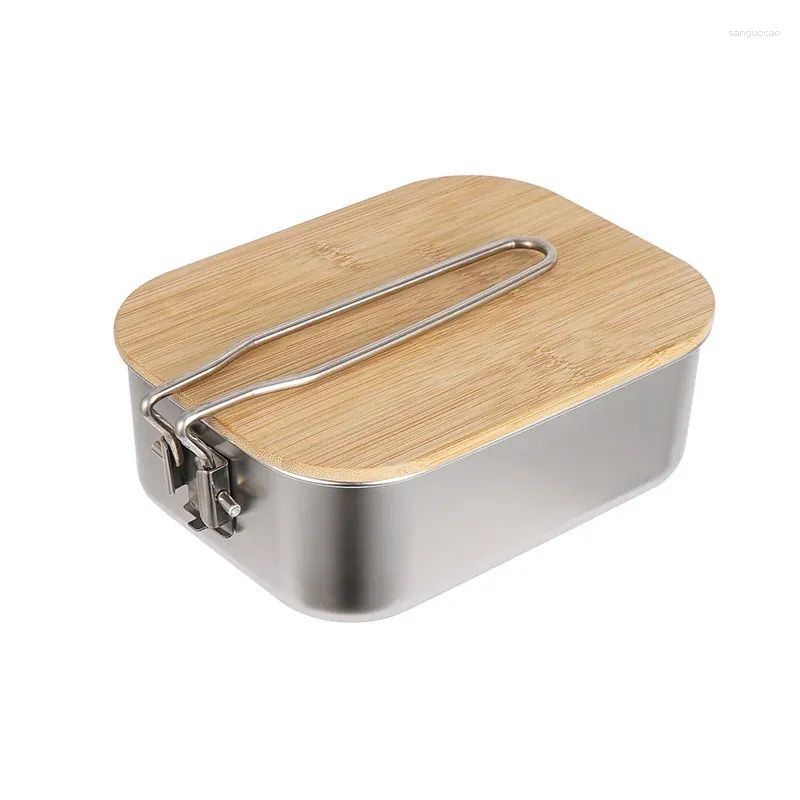 Storage Bottles Portable Picnic Lunch Box Stainless Steel Camping Cooking Set Walking Bento Bowl Wooden Cover Cutting Board