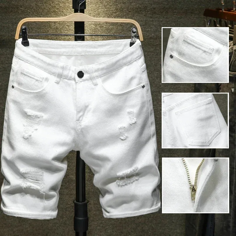 White Denim Shorts Men Ripped Knee Length Fashion Jeans Casual Hole Slim Male Short Pants Streetwear 240410