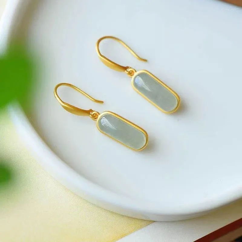 Pendientes de tachuelas Fashion Silver 925 Hooks Gift Femenino Año Jade Jade Rectangle Drop Women Accesorios colgantes