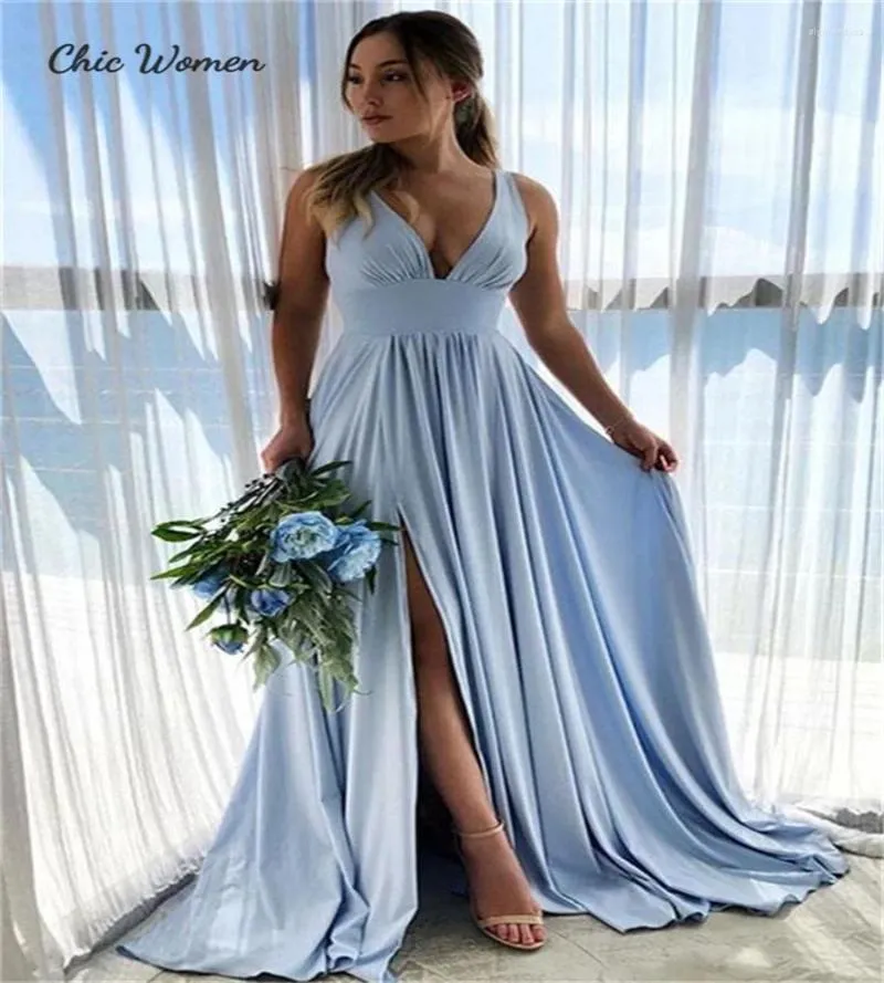 Party Dresses Faster Delivery Blue Prom Dress 2024 Sexy V Neck Split Evening Boho Beach Strech Dance Gowns Simple Formal Occasion